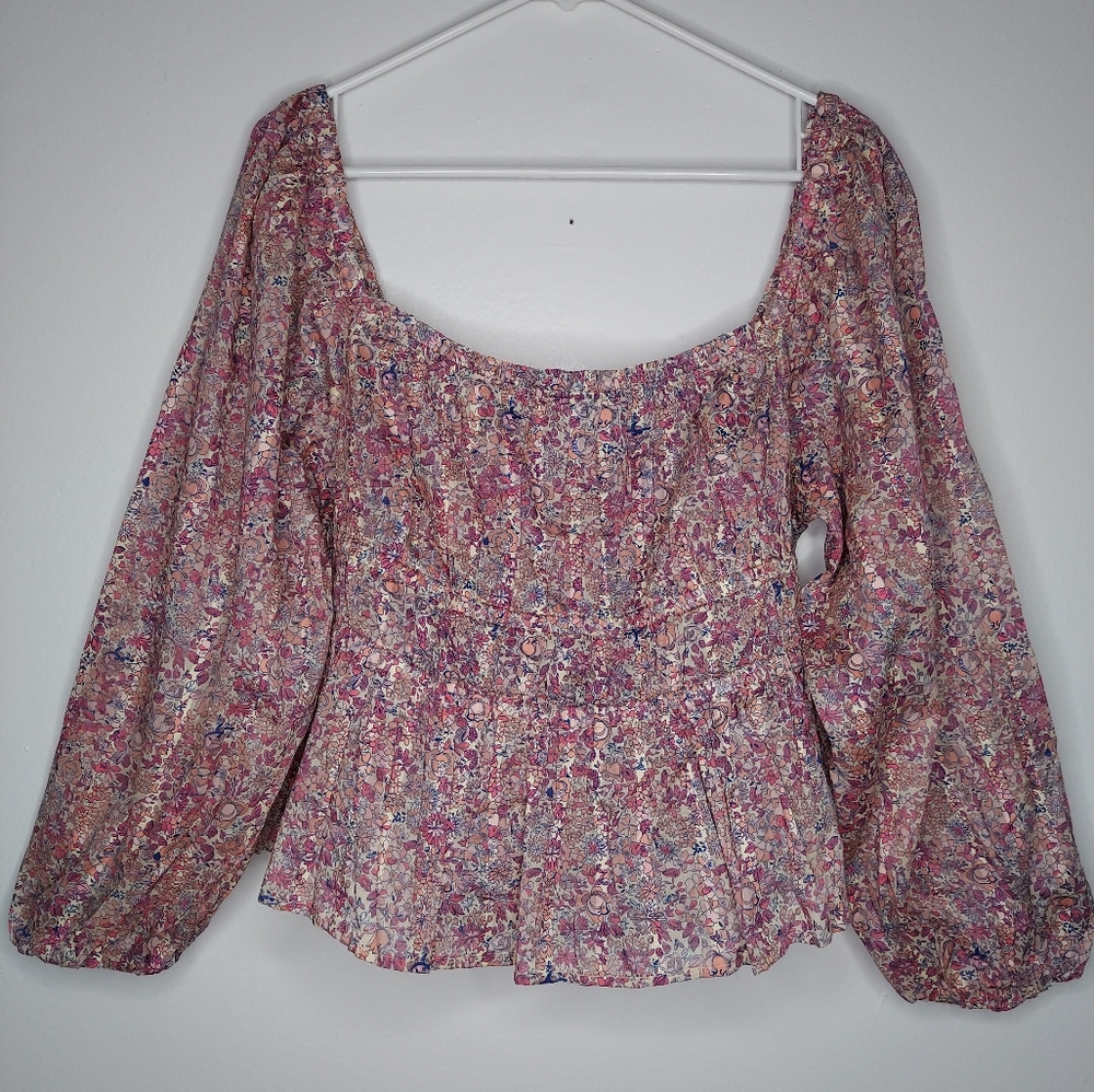 J. Crew Top Blooming Liberty Floral Puffed Sleeve Smocked Square Neck Shirt XL